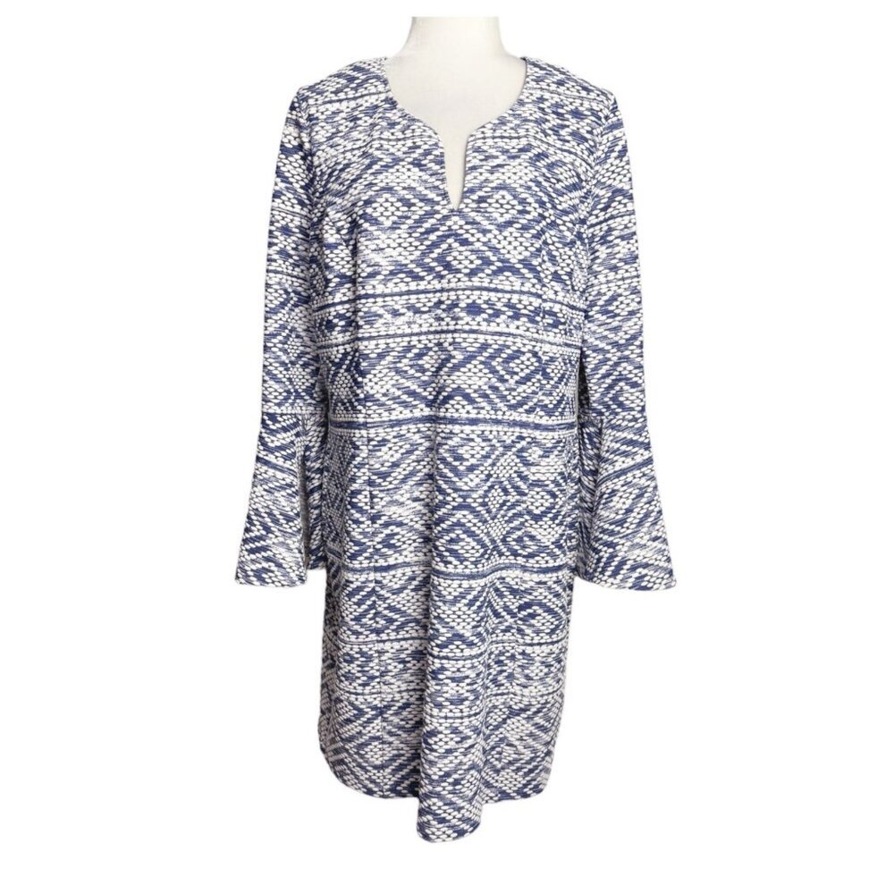 Signature by Robbie Bee Dress Blue White Textured Print Bell Sleeves Womens XL